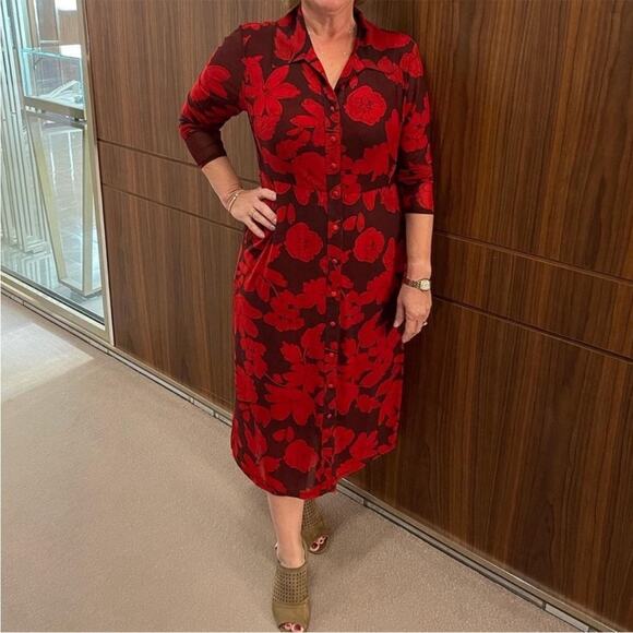 Cabi Long Sleeve Shirt Dress Floral mesh XS 4392 button down red burgundy - Picture 3 of 11